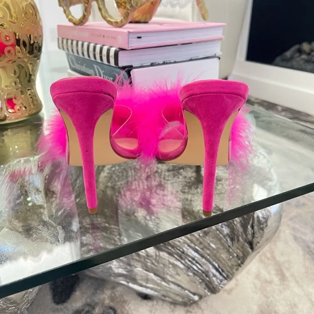 Women faux Feather Slippers Sandals pump High heels Slides Mules Size 6